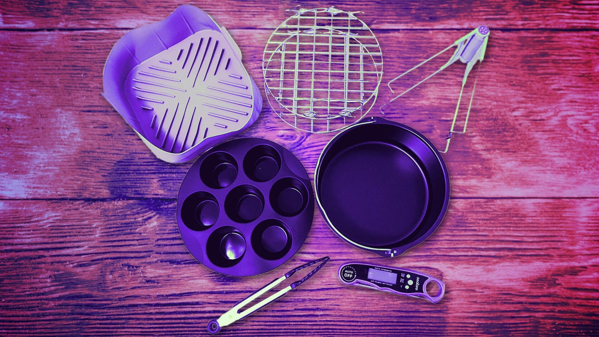 Seven air fryer accessories on a pink and purple background