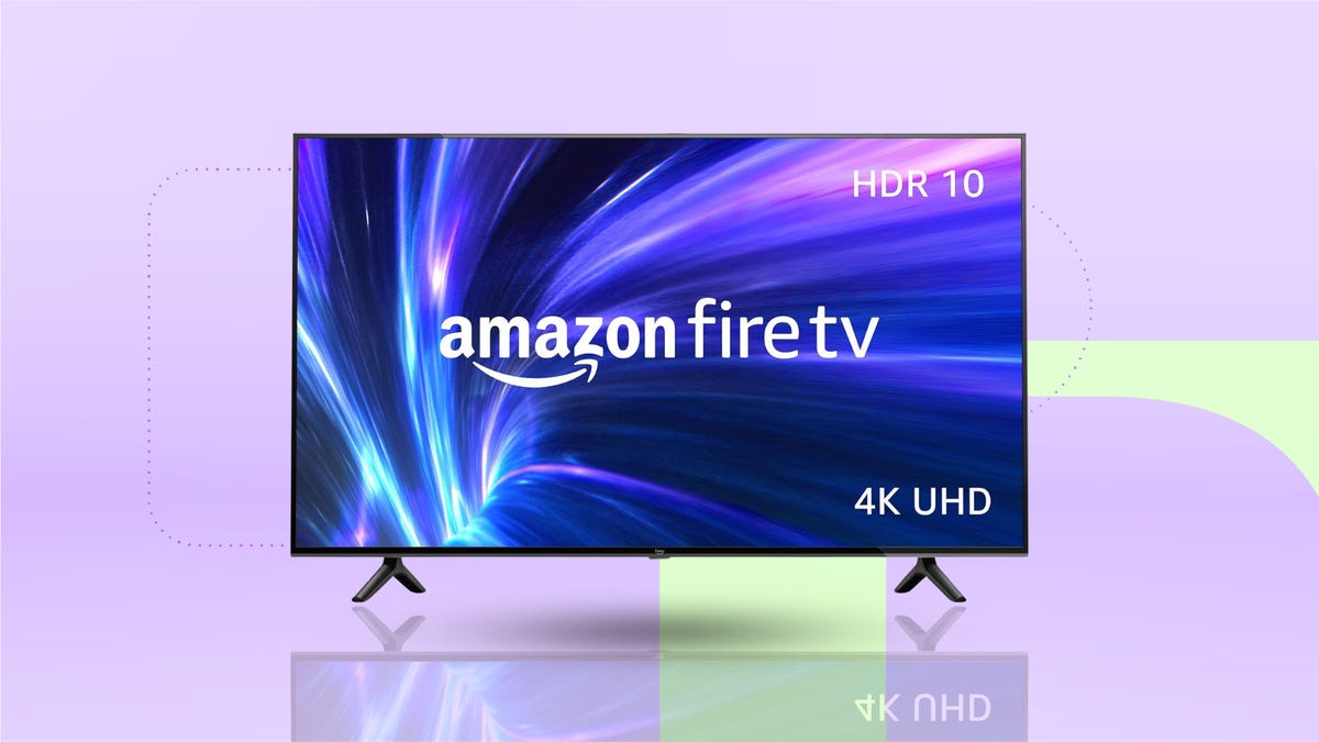 The Amazon 55-Inch Fire TV 4-Series is displayed against a lavender background.