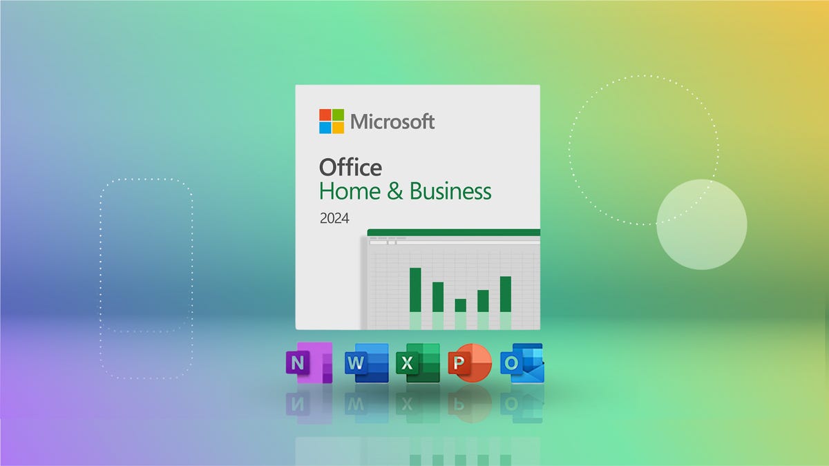The Microsoft Office Home and Business 2024 suite is displayed against a gradient purple, green and yellow background.