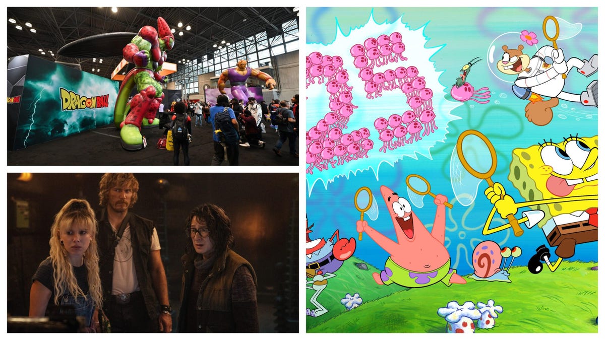 collage of images for Netflix&apos;s Electric State, SpongeBob and friends in Bikini Bottom and Dragon Ball display at New York comic con 2023